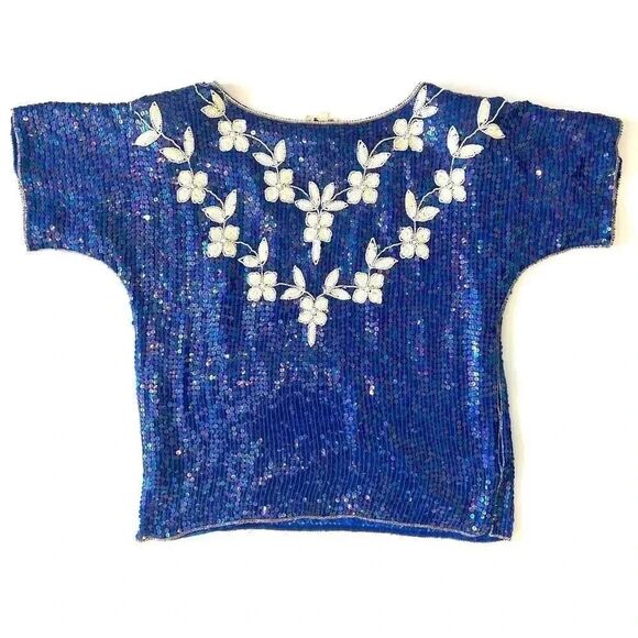 Judi 80s Sequins Top 100% Silk Size L (Medium current) Royal Blue - Picture 2 of 6